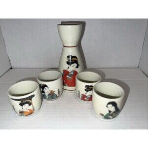 Vintage Japanese Sake Set –Hand Painted Geisha 5pc Porcelain Crackle Glaze Japan